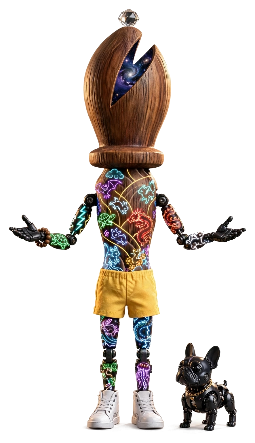 Joe, the faceless wooden First Spark, standing with a diamond above his galaxy-filled head, neon creature tattoos, a beaded bracelet, and Beans, his black robot French bulldog wearing a gold chain